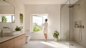 Modern bathroom with open window and natural light to ventilate the room
