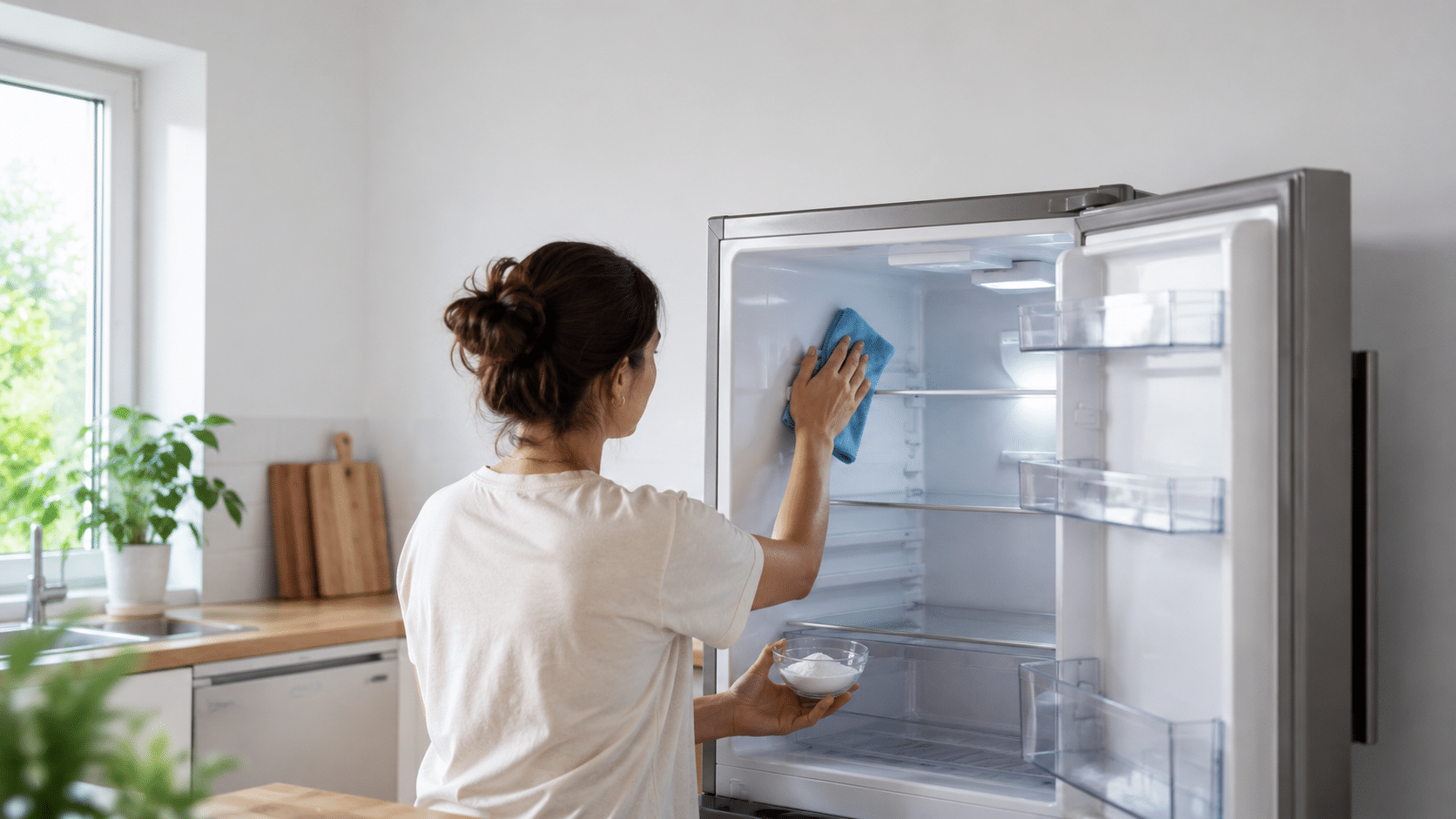 Person cleaning the inside of the refrigerator with a microfiber cloth and a bowl of baking soda.