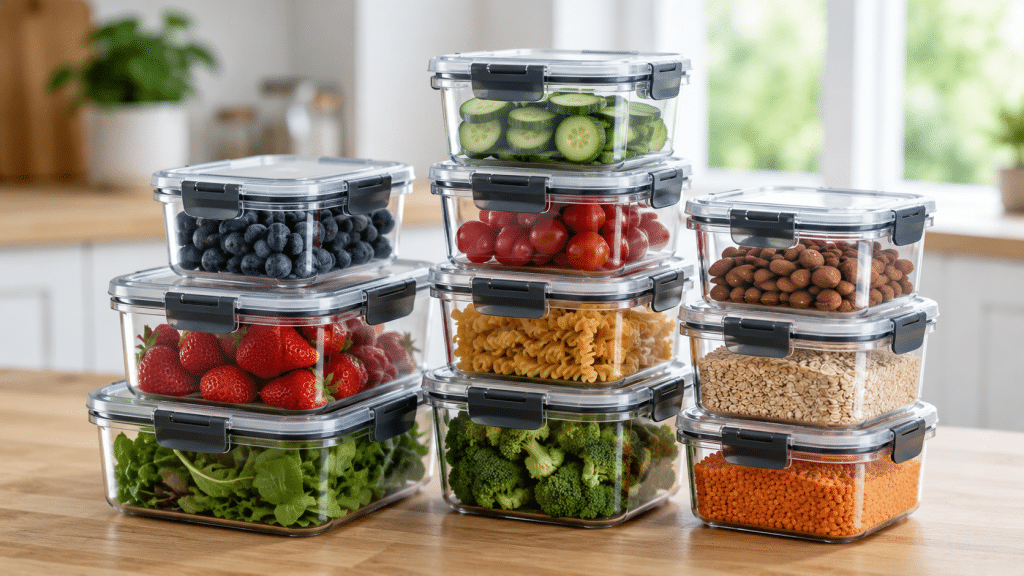 Set of airtight food containers for fruits, vegetables, pasta and cereals in a modern kitchen.