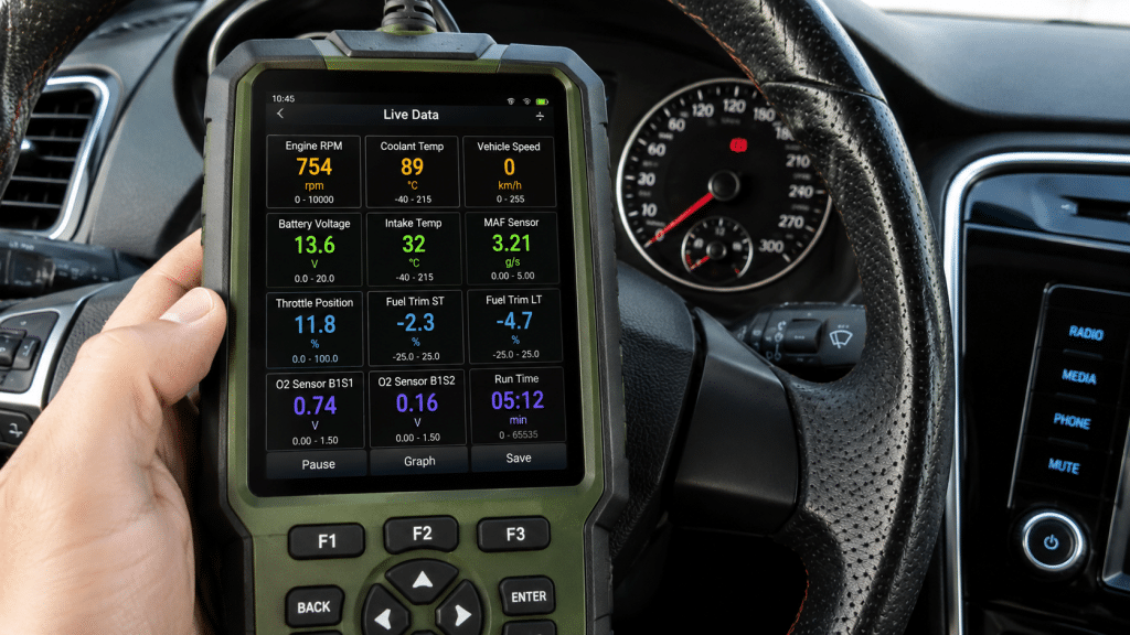 Display an OBD2 scanner with live engine data, including RPM, engine temperature, battery voltage and other diagnostic parameters.