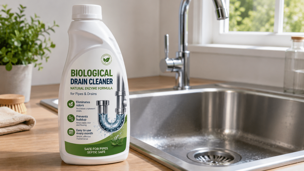 Organic drain cleaner next to a modern stainless steel sink