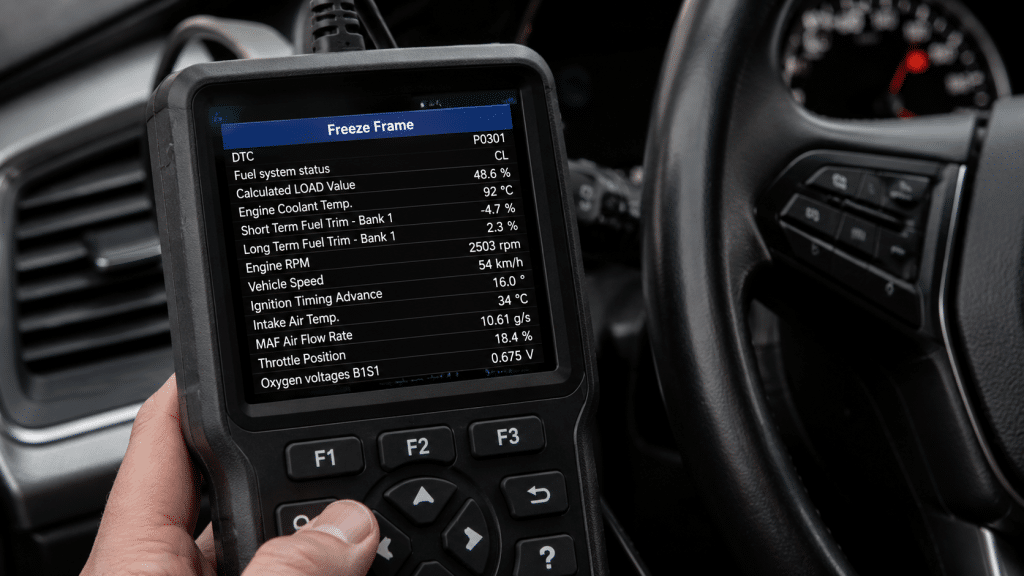 Screenshot of an OBD2 scanner showing the Freeze Frame with engine parameters during an electronic diagnosis of the car.