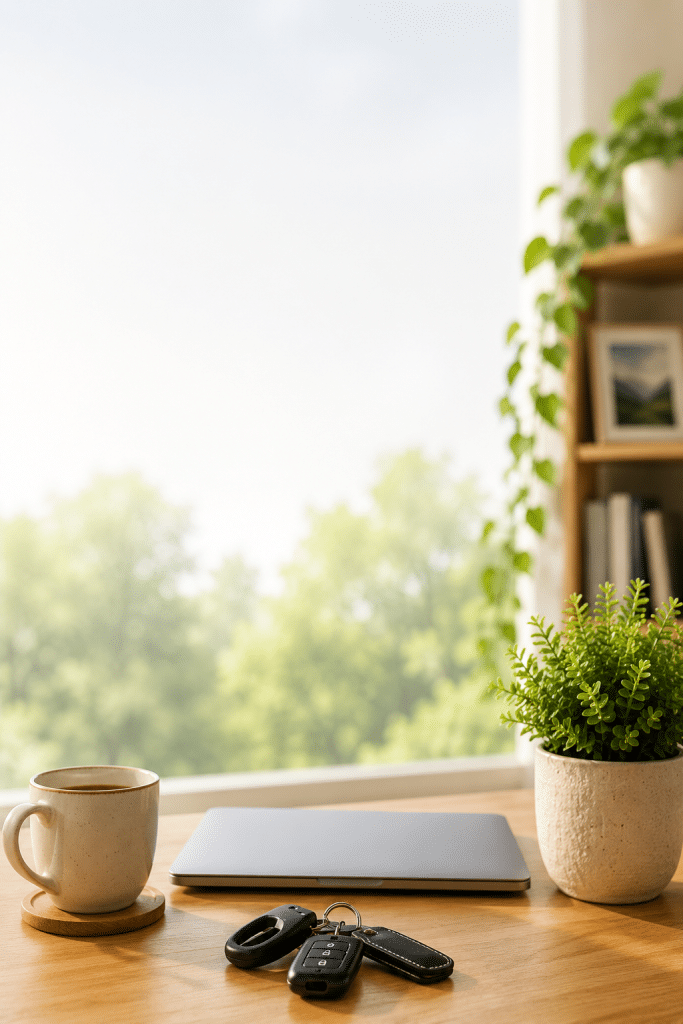 Consutil homepage with a bright workspace, coffee cup, laptop, and plant for helpful guides and tips.