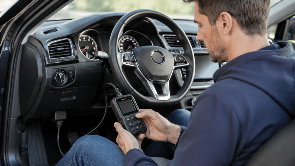 OBD2 scanner connected to the diagnostic socket under the steering wheel of a modern car while the driver checks the diagnosis.