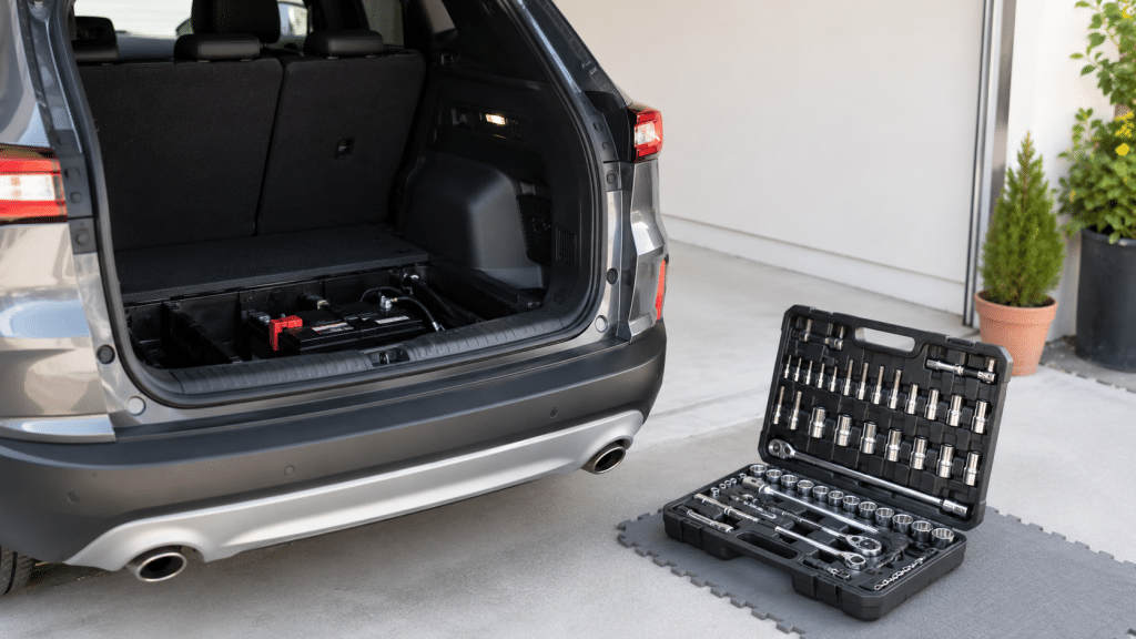 Ratchet wrench set for servicing the 12V battery of a Ford Kuga PHEV