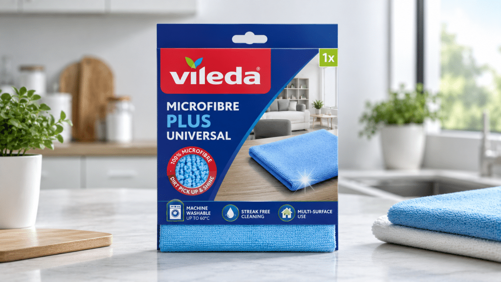 Pack of Vileda Microfibre Plus Universal Cloth for cleaning surfaces and washing machines.