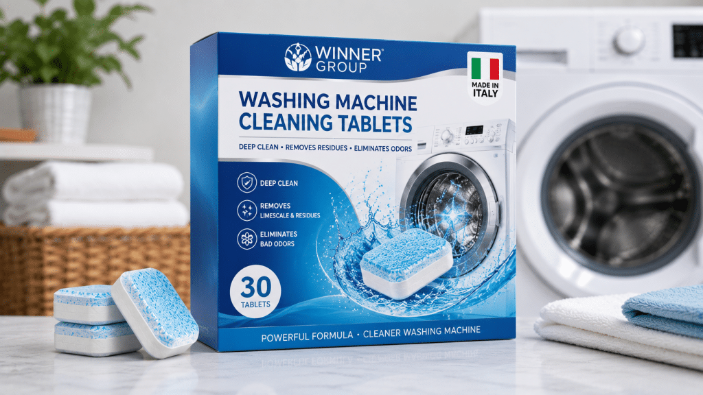 Confezione di Winner Group Pastiglie per la pulizia della lavatrice con compresse detergenti in una moderna lavanderia.