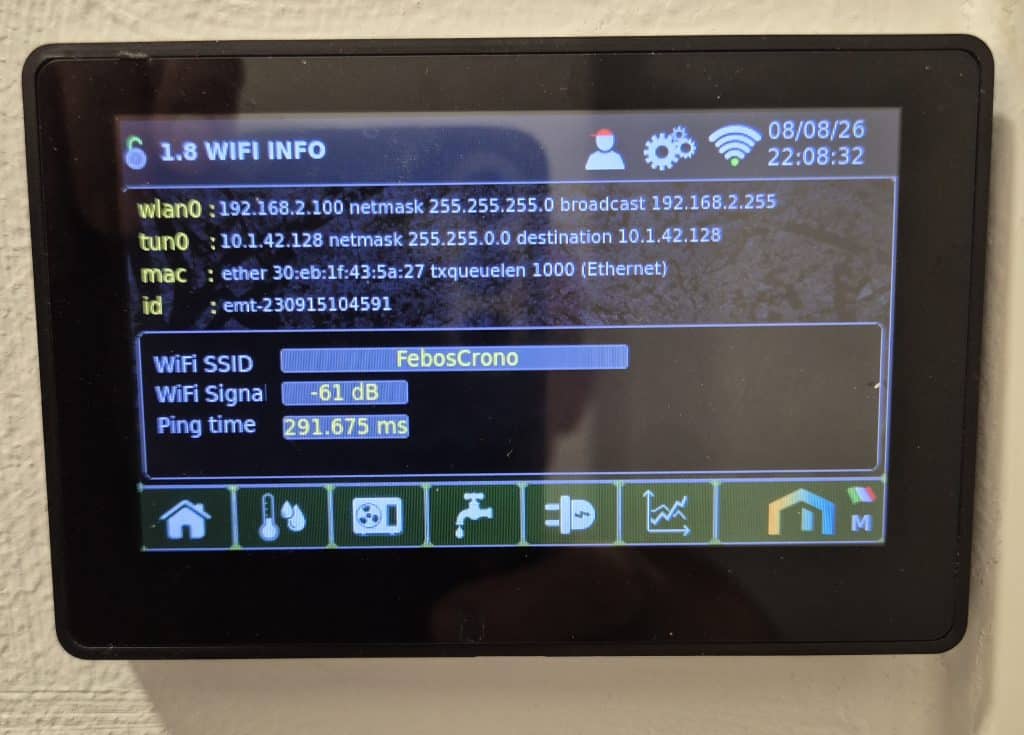 Febos Crono wifi connected to WiFi with visible SSID, signal and ping