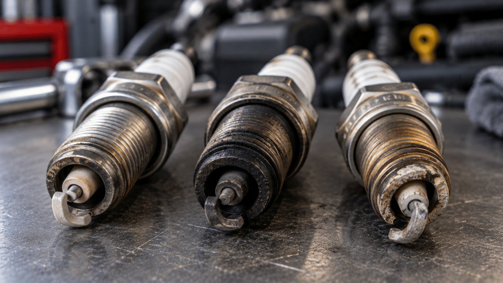 car spark plugs with wear and deposits