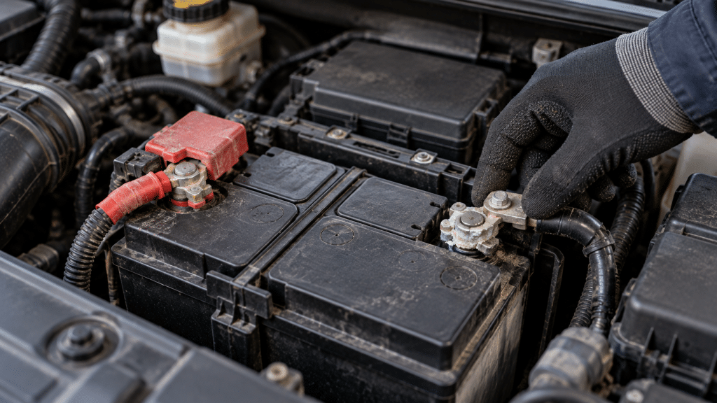 Checking car battery terminals in winter