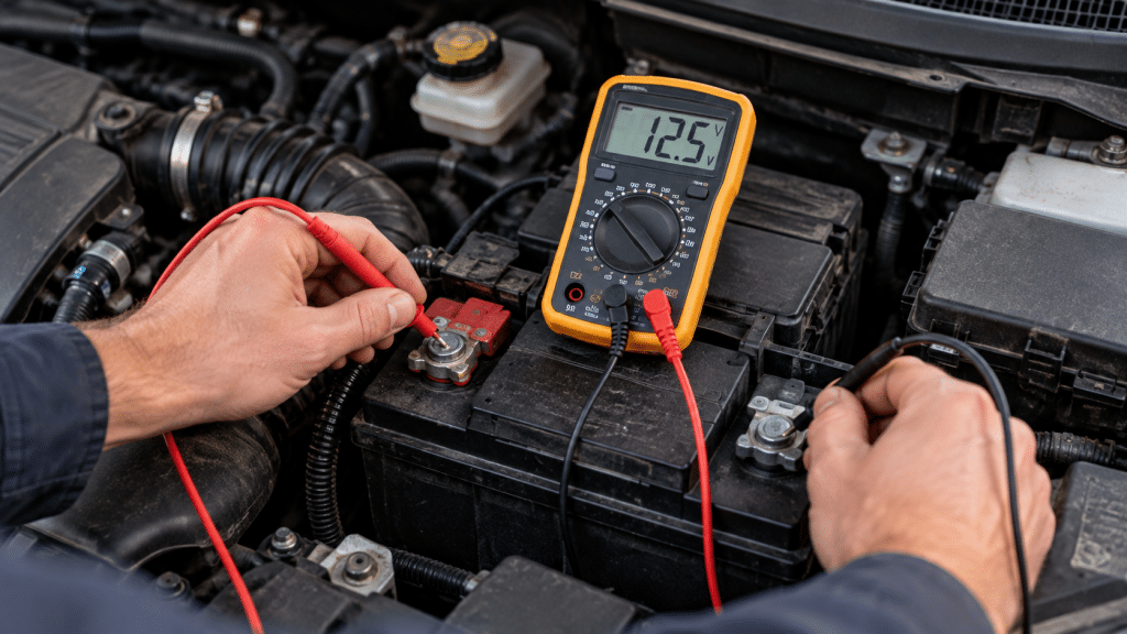 Checking car battery voltage with a multimeter