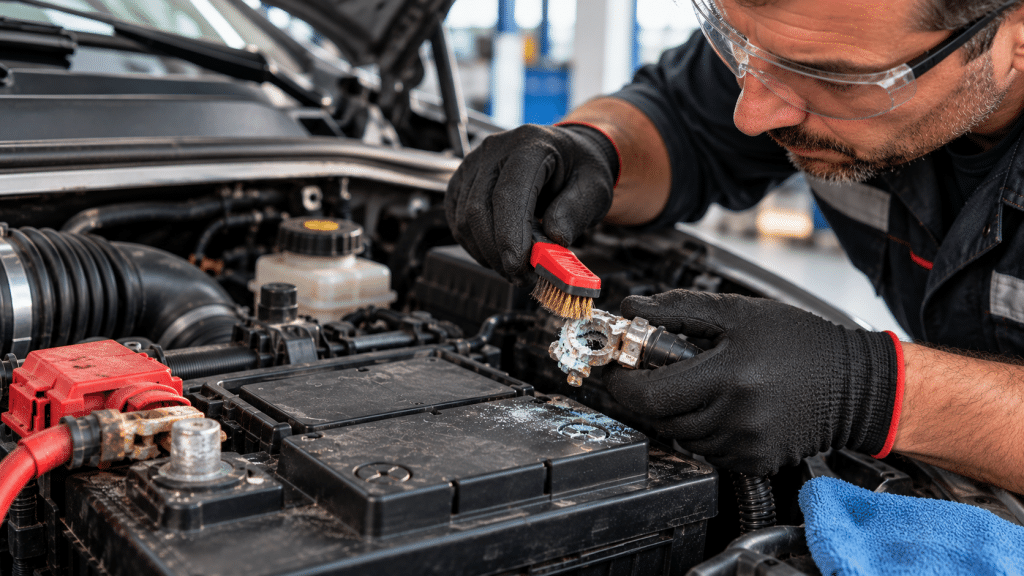 Cleaning car battery terminals with a specific brush